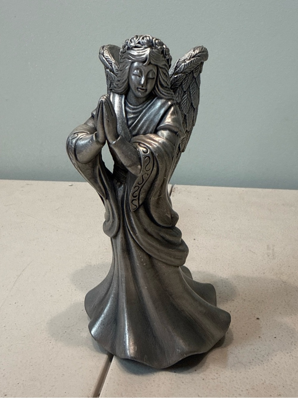 Vintage Pewter Silver Praying Angel Candle Holder Figurine